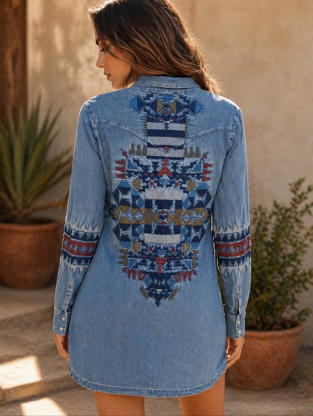 Johnny Was 3J Workshop Embroidered Aztec-style Chambray Longsleeve Shirt Dress